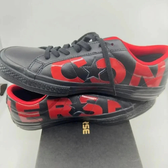 NEW Converse One Star Ox Low Sneakers Leather Wordmark Red Black Unisex M8 W10 main image 5